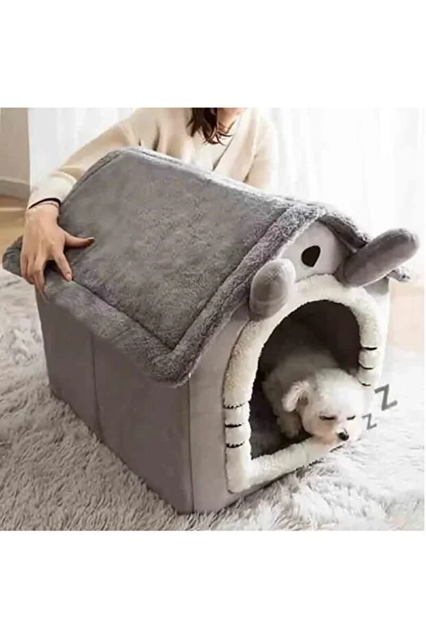 Klasik Model Kedi Evi Yumuşak Kedi Yatağı Derin Uyku Ve Kış Evi Çıkarılabilir Minder GRİ S BEDEN